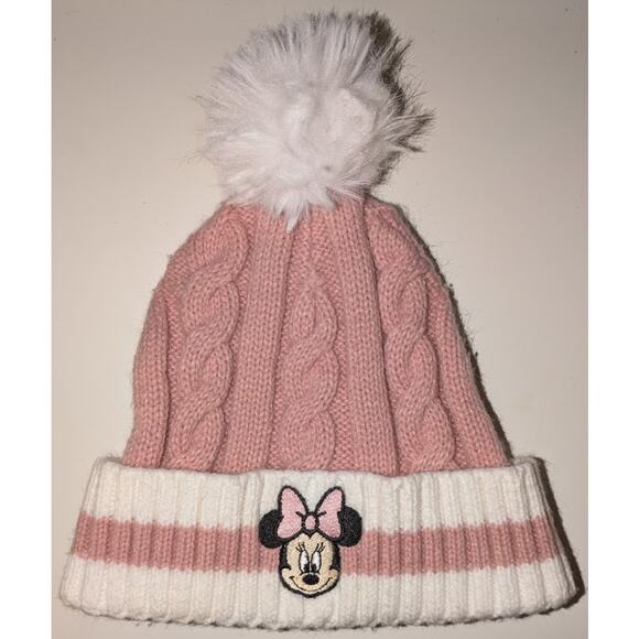 Disney Junior Kids 2T-5T Pink Minnie Mouse Cable Knit Beanie Winter Hat Pompom - Picture 1 of 6